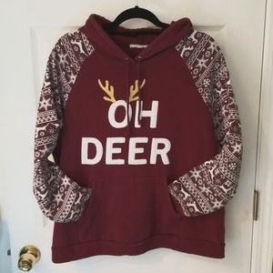 BurgundyMaroonWhite Fair Isle Reindeer Snowflake Sequin "OhDeer" Hood Sweatshirt